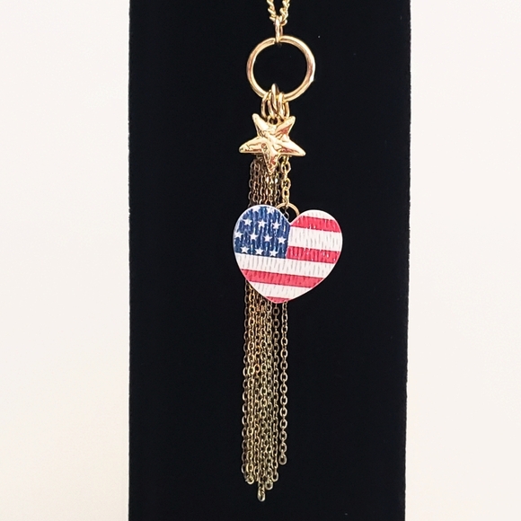 Red White Blue Heart & Gold Star Charm Fringe Necklace Long - Picture 3 of 7